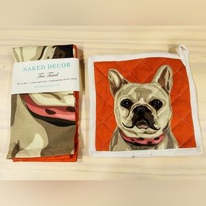 Orange French Bulldog Pot Holder & Tea Towel by Naked Decor NWOT